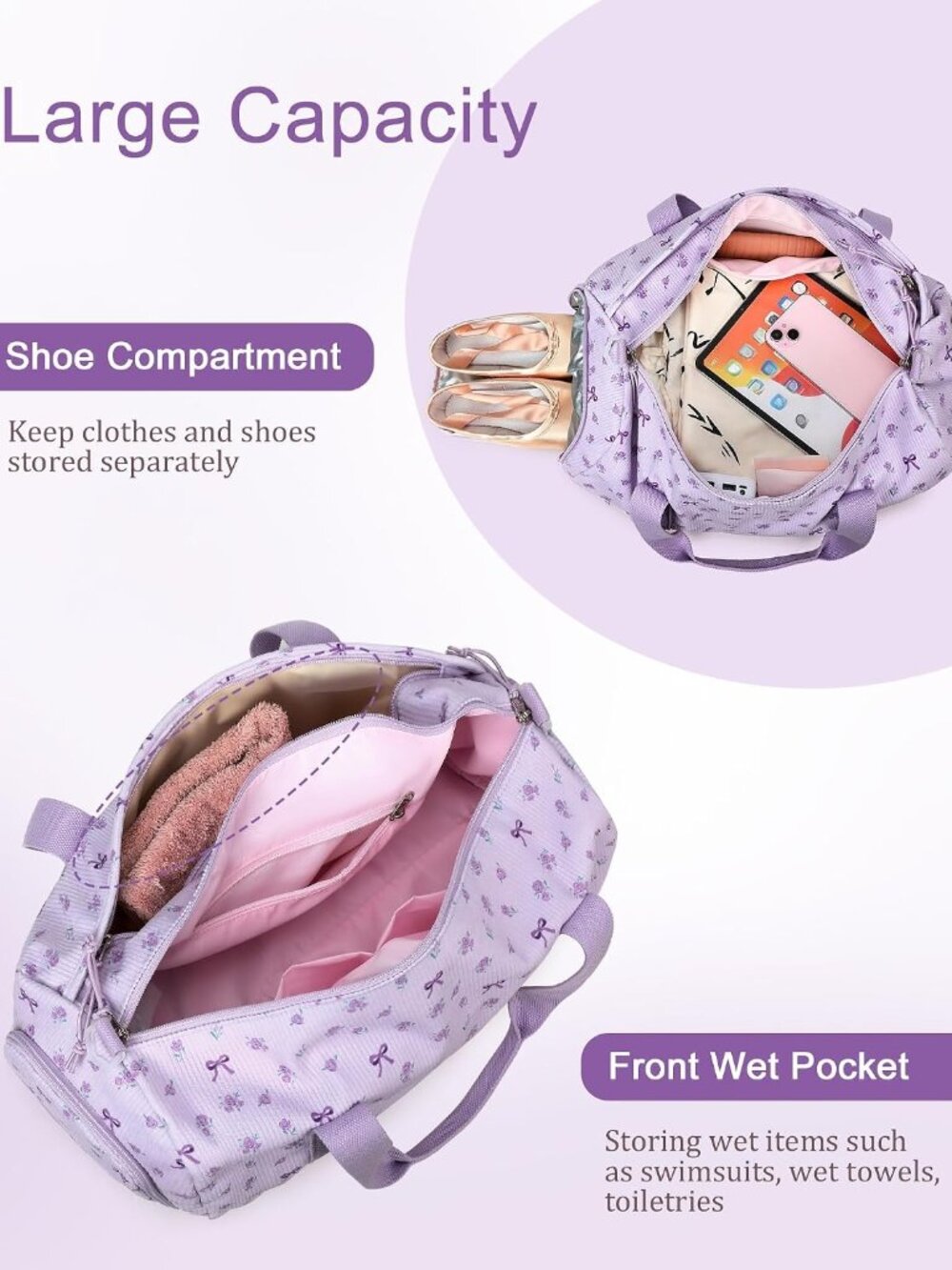 Duffle Bag for Gym Sports Women Girls Workout Travel Bag Weekender with Shoe Com - Picture 4 of 9